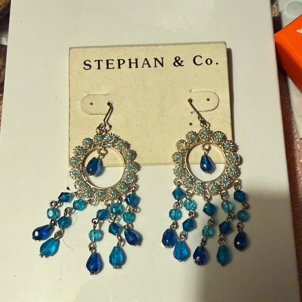 Gold-Tone Earrings with Blue Crystal Drops